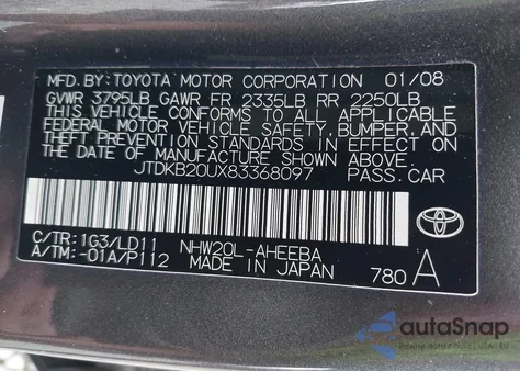 2008 Toyota Prius из США, поврежденный, VIN JTDKB20UX83368097